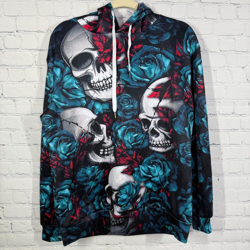 Hoodie Mens Medium Gray Fleece Pullover Sweatshirt Floral Skull Punk Grunge Bike
